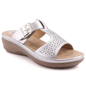 Women "XIMENA" Open Toe Perforated Buckled Wedge Slippers