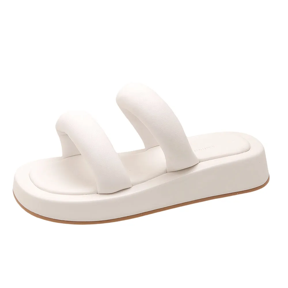 Women Shiny Leather Slippers Peep Toe Chunky platform