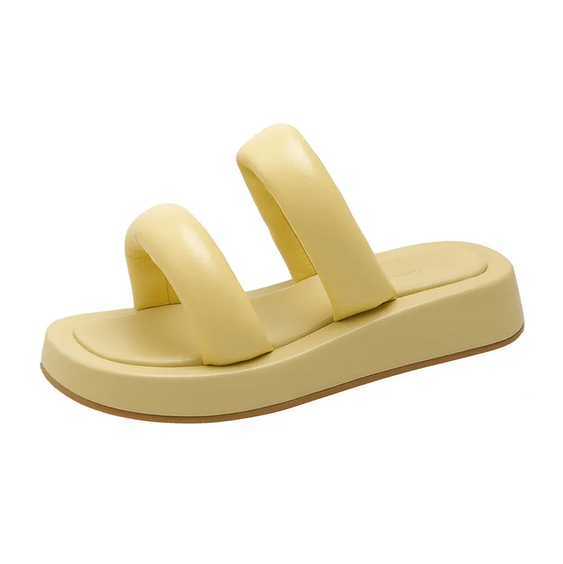 Women Shiny Leather Slippers Peep Toe Chunky platform