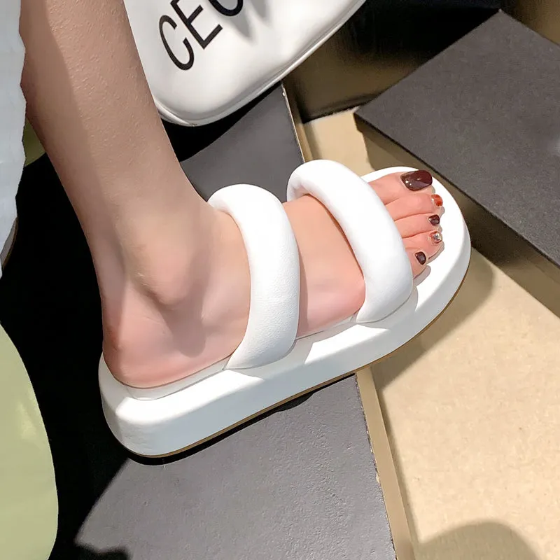 Women Shiny Leather Slippers Peep Toe Chunky platform