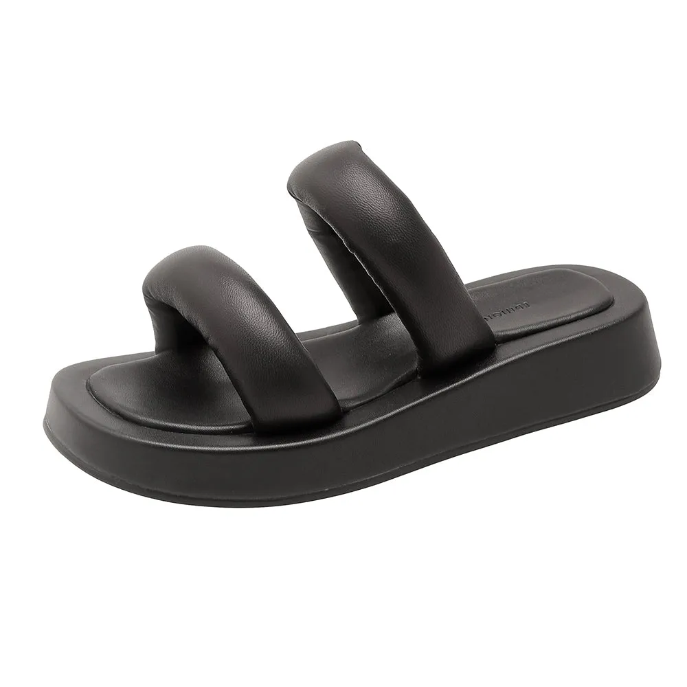 Women Shiny Leather Slippers Peep Toe Chunky platform