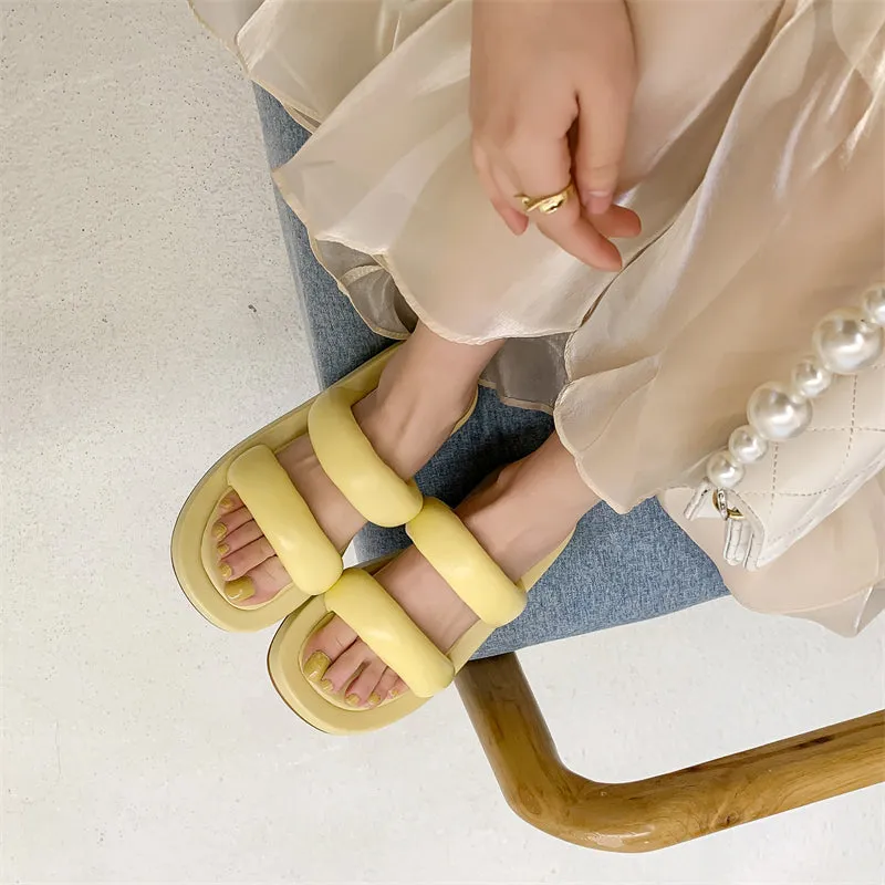 Women Shiny Leather Slippers Peep Toe Chunky platform