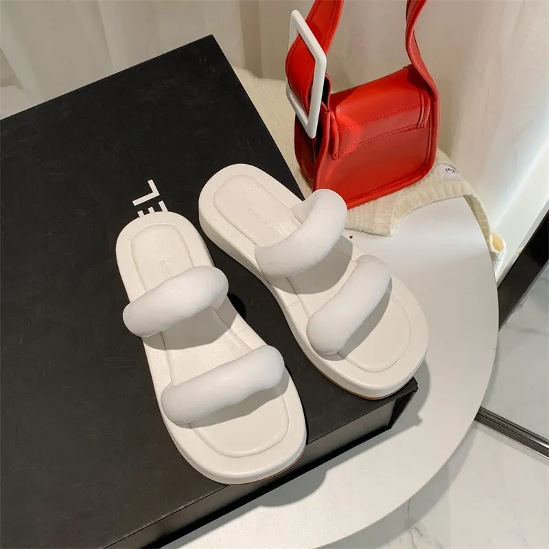 Women Shiny Leather Slippers Peep Toe Chunky platform