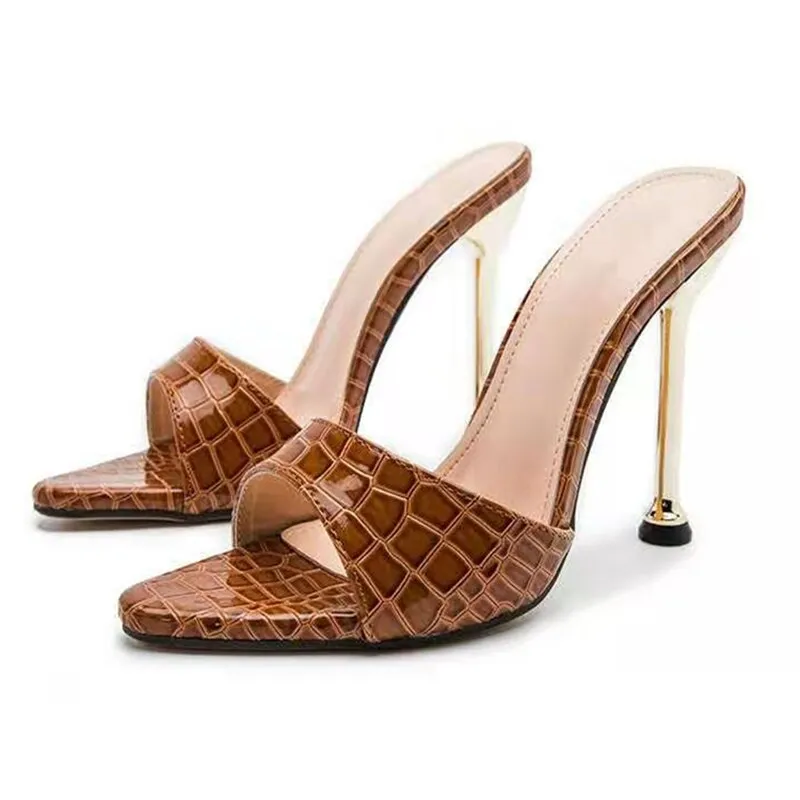 Women Slippers Snake Print Strappy Mule High Heels Slippers Open Toe Sandals Flip Flops Pointed Toe Slides Party Shoes Woman