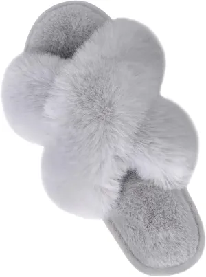 Women's Cross Band Slippers Soft Plush Furry Cozy Open Toe House Shoes Indoor Outdoor Faux Rabbit Fur Warm Comfy Slip On Breathable