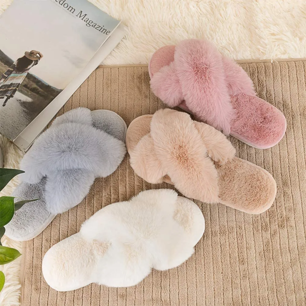 Women's Cross Band Slippers Soft Plush Furry Cozy Open Toe House Shoes Indoor Outdoor Faux Rabbit Fur Warm Comfy Slip On Breathable