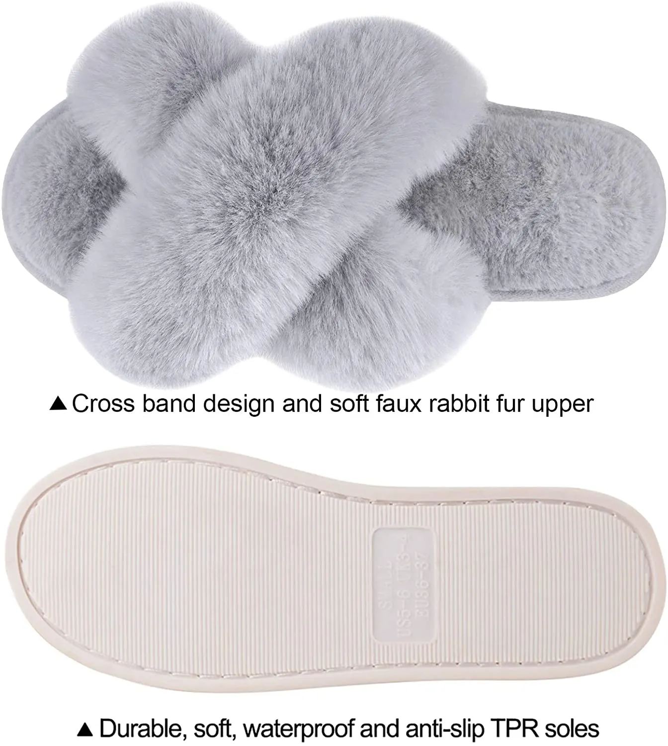 Women's Cross Band Slippers Soft Plush Furry Cozy Open Toe House Shoes Indoor Outdoor Faux Rabbit Fur Warm Comfy Slip On Breathable