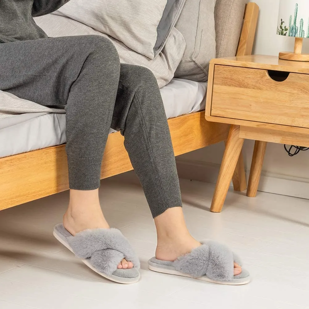 Women's Cross Band Slippers Soft Plush Furry Cozy Open Toe House Shoes Indoor Outdoor Faux Rabbit Fur Warm Comfy Slip On Breathable
