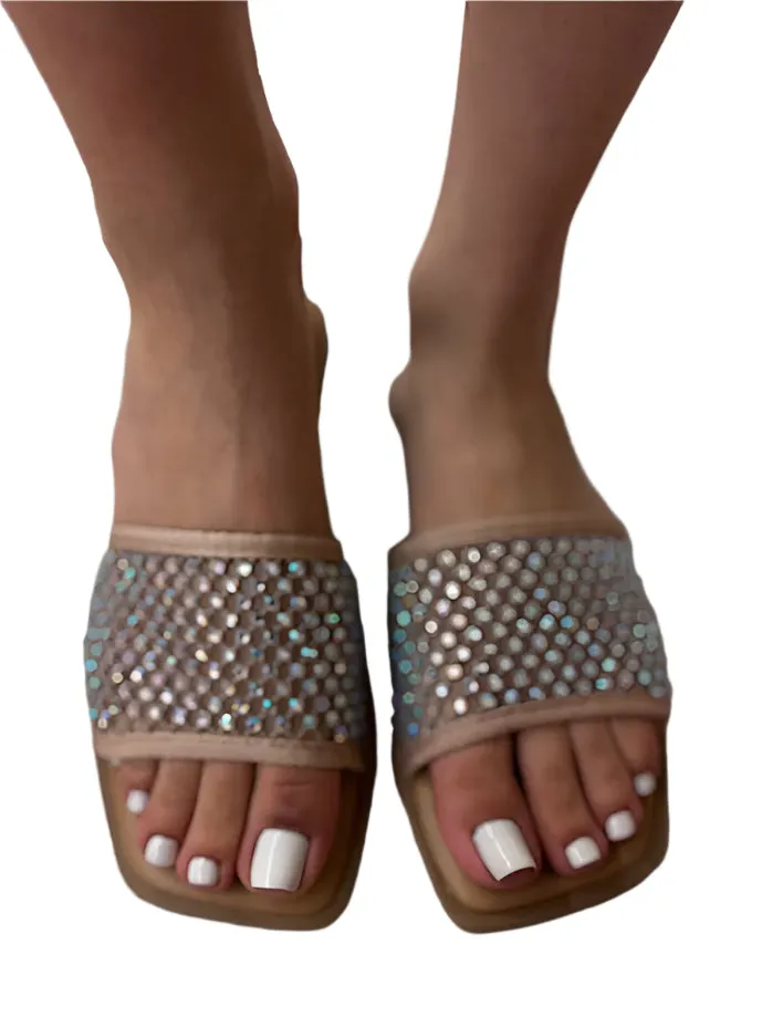 WOMENS RHINESTONE MESH SLIDE SALDAN. INDIE-S