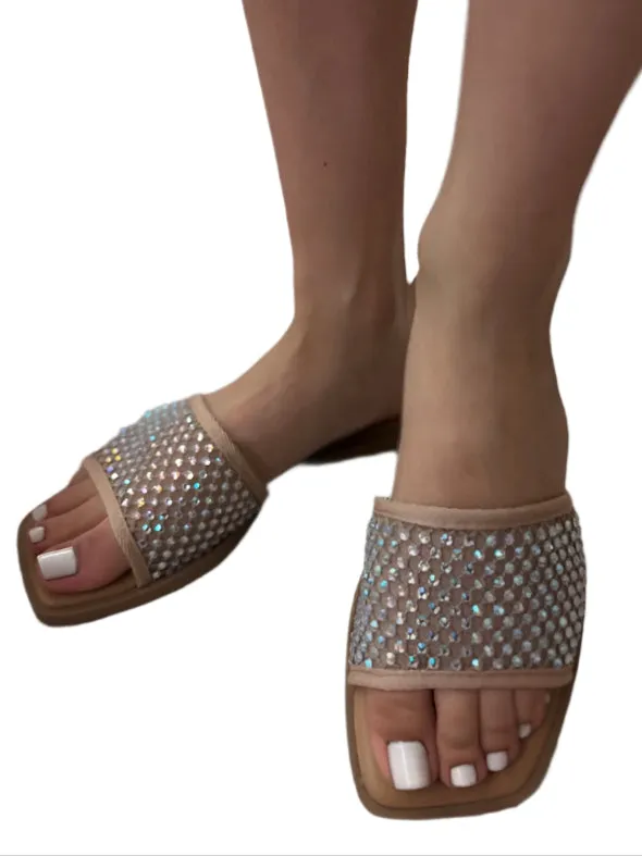 WOMENS RHINESTONE MESH SLIDE SALDAN. INDIE-S