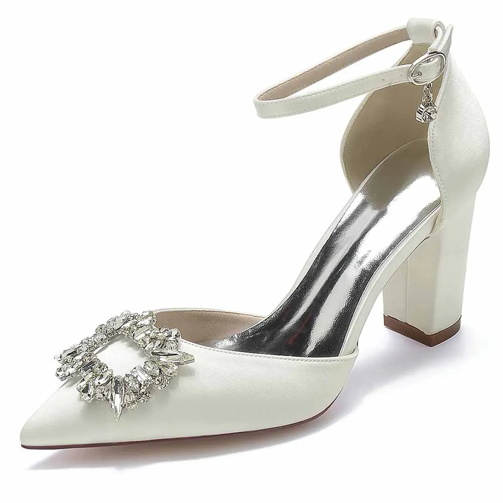 Women's Satin Closed Toe With Bead Buckle Pattern Chunky Heel High Heels