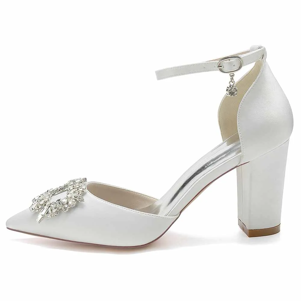 Women's Satin Closed Toe With Bead Buckle Pattern Chunky Heel High Heels