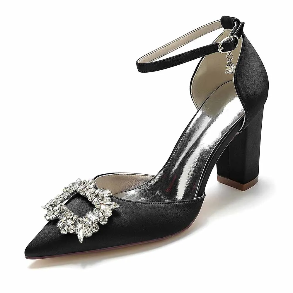Women's Satin Closed Toe With Bead Buckle Pattern Chunky Heel High Heels