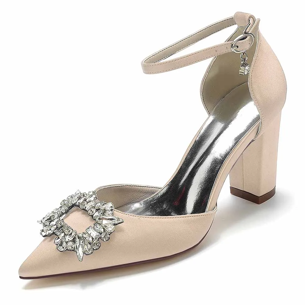 Women's Satin Closed Toe With Bead Buckle Pattern Chunky Heel High Heels