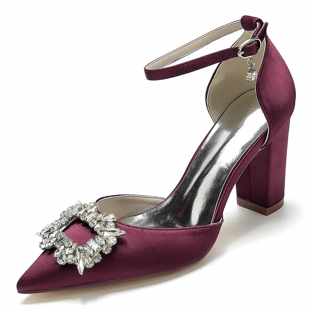 Women's Satin Closed Toe With Bead Buckle Pattern Chunky Heel High Heels