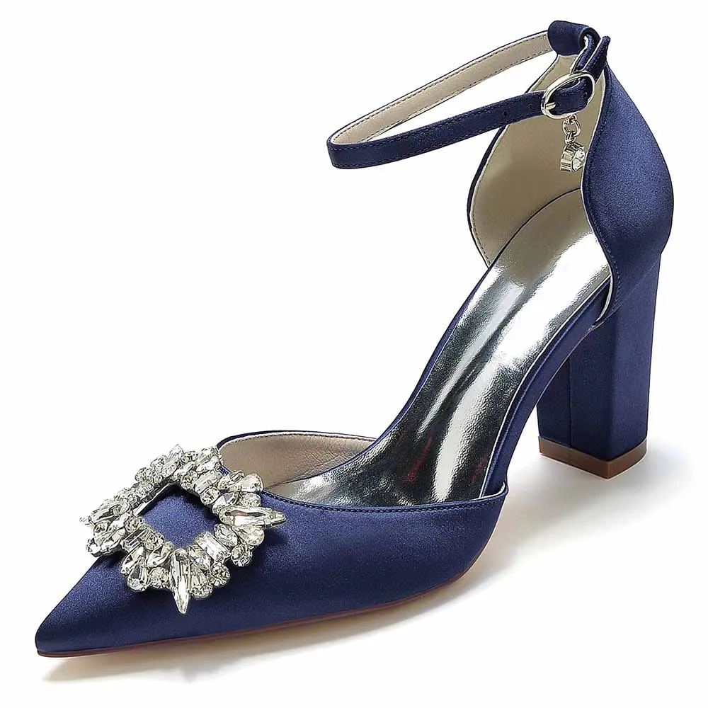 Women's Satin Closed Toe With Bead Buckle Pattern Chunky Heel High Heels