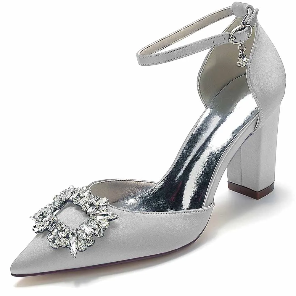Women's Satin Closed Toe With Bead Buckle Pattern Chunky Heel High Heels