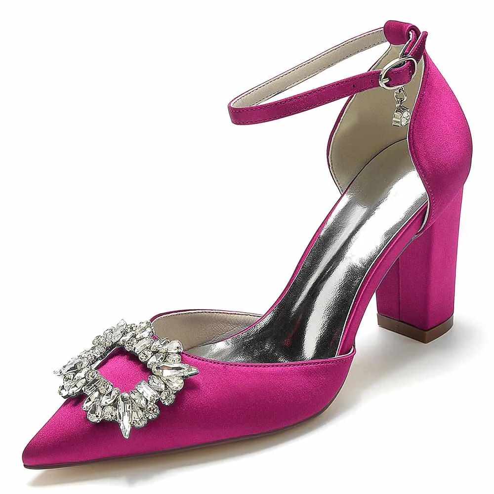 Women's Satin Closed Toe With Bead Buckle Pattern Chunky Heel High Heels