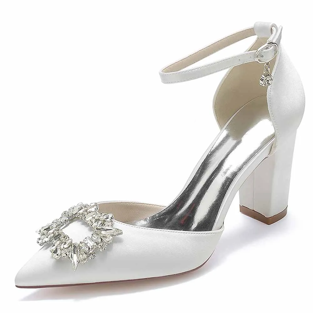 Women's Satin Closed Toe With Bead Buckle Pattern Chunky Heel High Heels