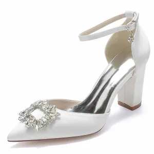 Women's Satin Closed Toe With Bead Buckle Pattern Chunky Heel High Heels