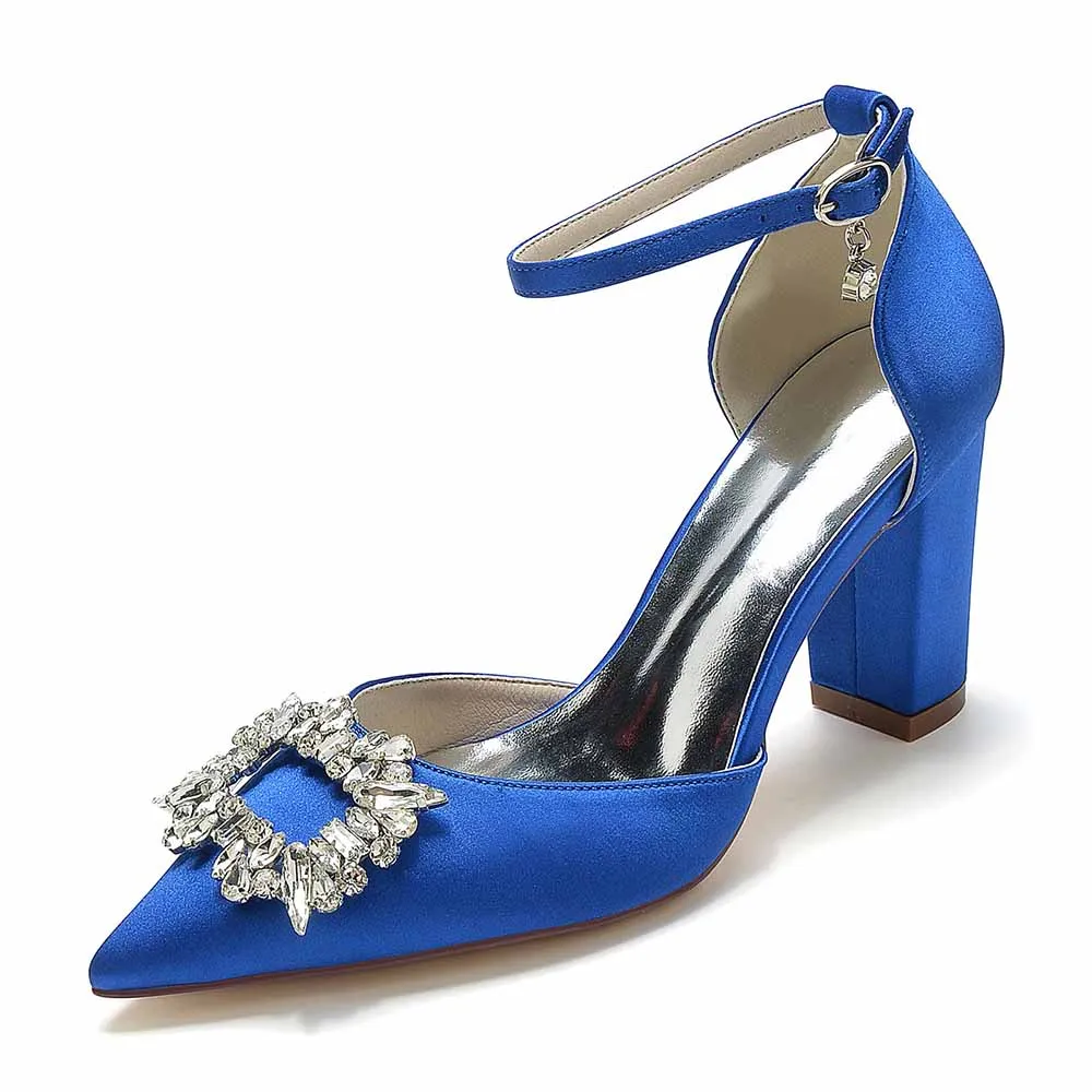 Women's Satin Closed Toe With Bead Buckle Pattern Chunky Heel High Heels