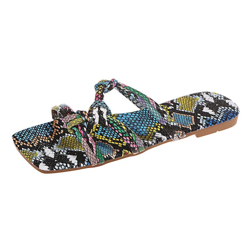 Women's Snake Printed Open Toe Flat Summer Beach Slippers