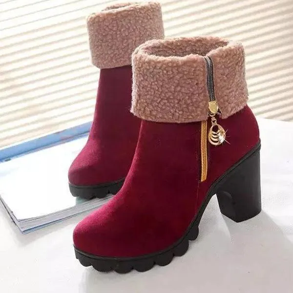 Women's Winter Large Size Solid Color Warm Snow Boots Non Slip Short Martin Boots High Heel Cotton Shoes