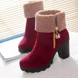 Women's Winter Large Size Solid Color Warm Snow Boots Non Slip Short Martin Boots High Heel Cotton Shoes