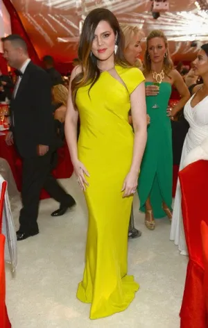 Yellow Khloe Kardashian Cutout One Shoulder Dress Satin Prom Red Carpet Evening Dress 21st Annual Elton John AIDS