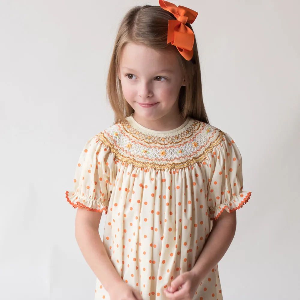 Yellow Orange Polkadot English Smocked Bishop w/RicRac