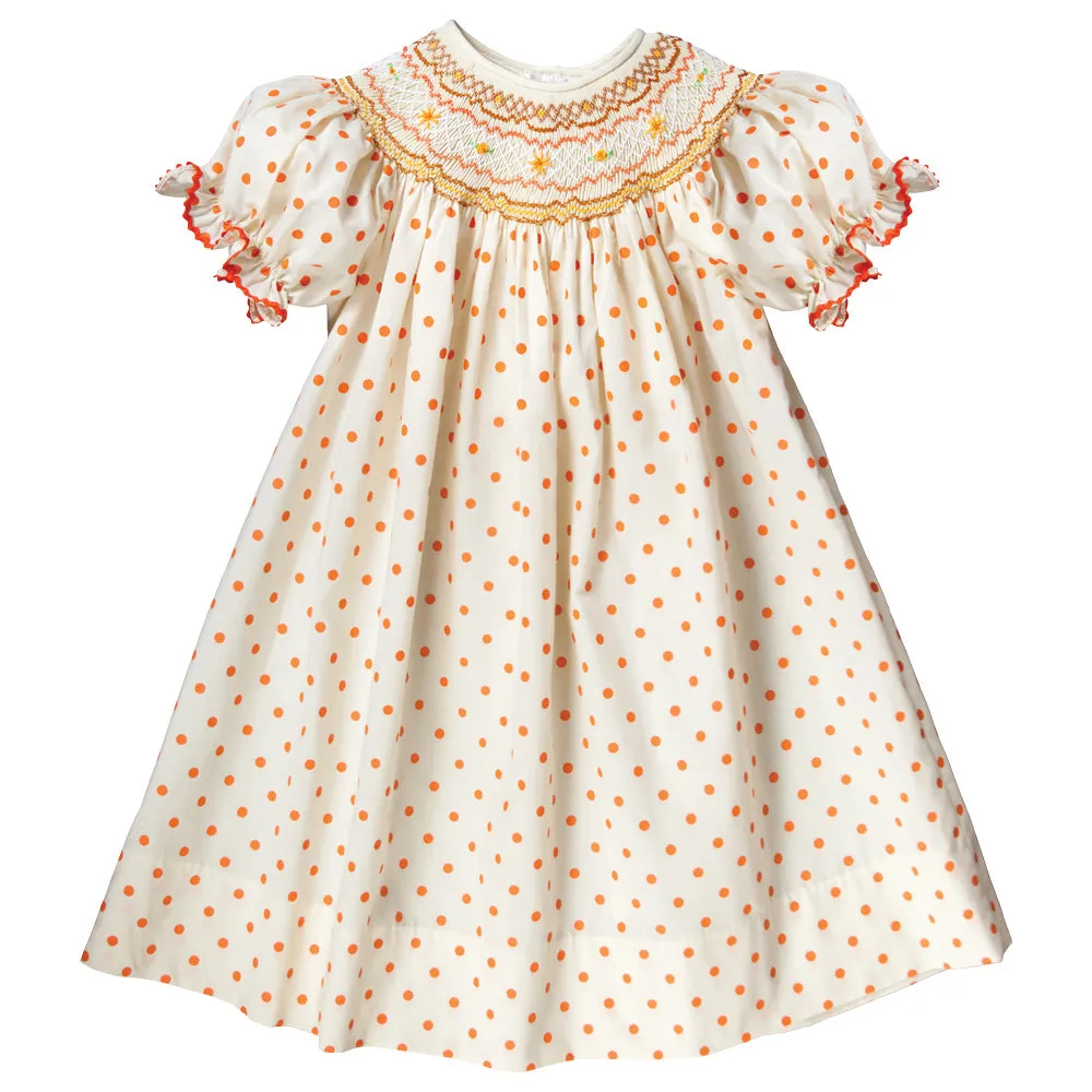 Yellow Orange Polkadot English Smocked Bishop w/RicRac